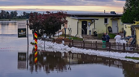 Das Wasser steht in Lebus direkt vor einem Restaurant, das mit Sandsäcken geschützt wird.  / Foto: Patrick Pleul/dpa