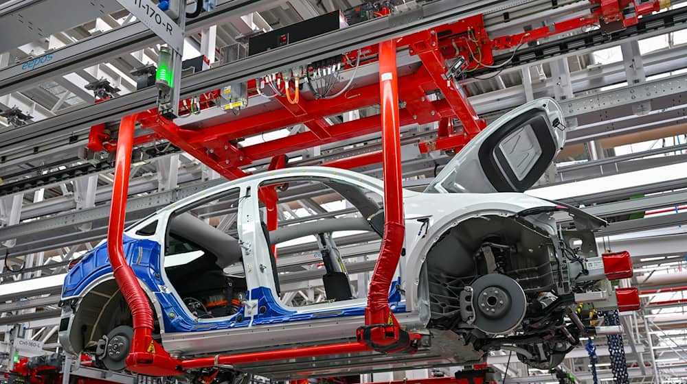 Einblick ins Tesla-Werk in Grünheide bei Berlin bei der Autoproduktion (Archivbild). / Foto: Patrick Pleul/dpa