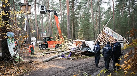 Die Polizei holt Tesla-Gegner von Bäumen im aufgelösten Protestcamp in Grünheide bei Berlin. / Foto: Sebastian Christoph Gollnow/dpa