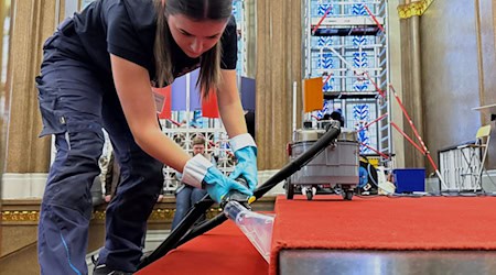 Elena Stamatiou (20) aus Hessen reinigt den roten Teppich im Treppenbereich des Roten Rathauses. / Foto: Katharina Kausche/dpa