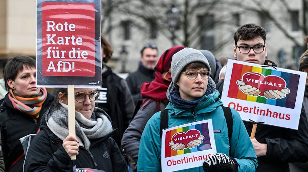 Hunderte protestierten vor dem Brandenburger Landtag gegen einen AfD-Vorsitz im Bildungsausschuss. / Foto: Jens Kalaene/dpa