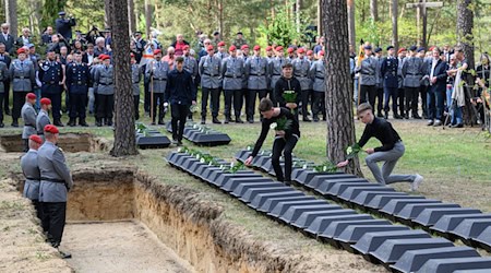 Kleine Särge mit den Überresten deutscher Kriegssoldaten wurden auf dem Waldfriedhof in Halbe eingebettet.   / Foto: Patrick Pleul/dpa