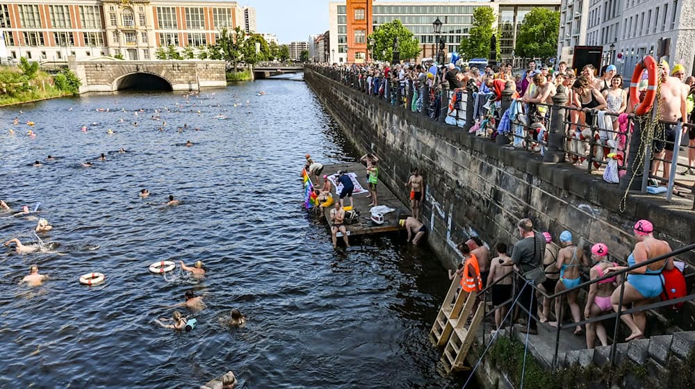 Rund 300 Menschen haben bei einer Schwimmdemo auf der Museumsinsel mitgemacht. / Foto: Jens Kalaene/dpa