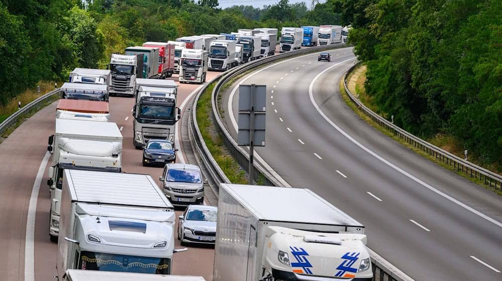 Lastwagen stauen sich auf der Autobahn A12 in Richtung Polen vor der Bundesgrenze.  / Foto: Patrick Pleul/dpa