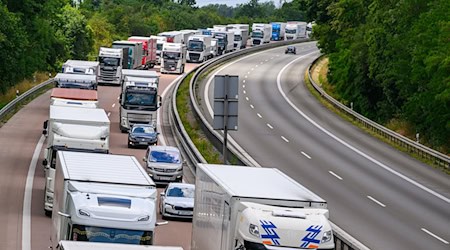 Lastwagen stauen sich auf der Autobahn A12 in Richtung Polen vor der Bundesgrenze.  / Foto: Patrick Pleul/dpa