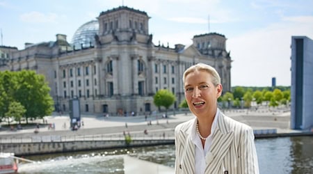 Die Stimme von AfD-Chefin Alice Weidel ging im Interview wegen der Lautstärke eines Protests fast unter. / Foto: Joerg Carstensen/dpa