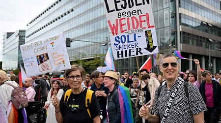 «Lesben gegen Weidel» steht auf einem Plakat beim CSD in Berlin. / Foto: Bernd von Jutrczenka/dpa