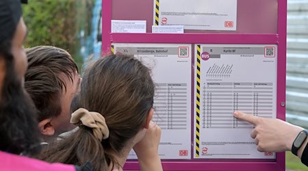 Fahrgäste informieren sich über die Abfahrtszeiten der Ersatzbusse. / Foto: Michael Bahlo/dpa