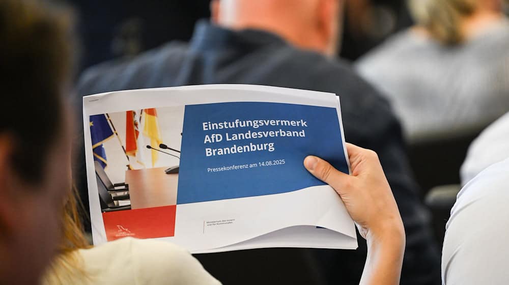 Auszüge aus dem offen gelegten Gutachten des Verfassungsschutzes zur Einstufung der AfD in Brandenburg. / Foto: Britta Pedersen/dpa