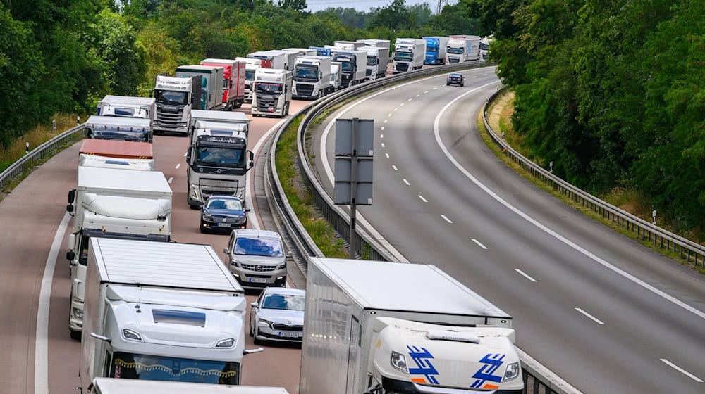Lastwagen stauen sich auf der Autobahn 12 bei Frankfurt (Oder) vor der Grenze zu Polen - die Grenzkontrollen bremsen den Verkehr. (Archivbild) / Foto: Patrick Pleul/dpa
