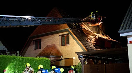 Einsatzkräfte der Feuerwehr stehen auf einer Feuerwehrleiter und löschen einen Brand in Marzahn. (Archivbild)  / Foto: Annette Riedl/dpa