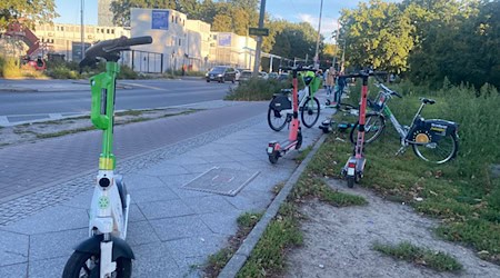 E-Roller verschiedener Anbieter liegen und stehen auf dem Gehweg in Berlin-Kreuzberg. (Symbolbild) / Foto: Anja Mia Neumann/dpa
