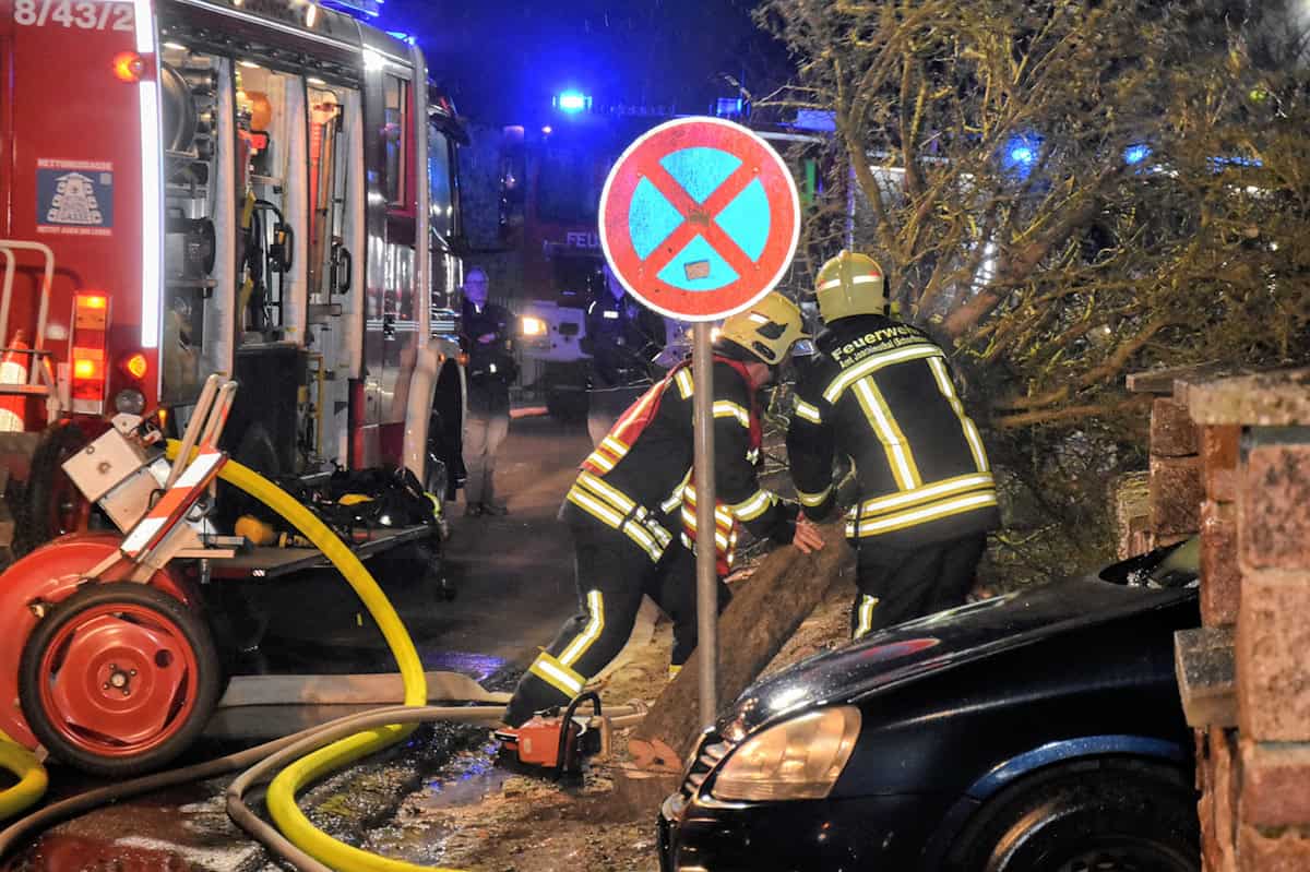 Zwei Feuerwehrkräfte in Schutzkleidung fällen nachts einen Baum neben einem geparkten Auto und einem Feuerwehrfahrzeug mit eingeschalteten Blaulichtern. Zwei Feuerwehrkräfte in Schutzkleidung fällen nachts einen Baum neben einem geparkten Auto und einem Feuerwehrfahrzeug mit eingeschalteten Blaulichtern.
