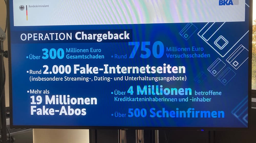 Informationen zu "Operation Chargeback" sind im Rahmen einer Pressekonferenz beim BKA auf einem Bildschirm zu sehen. / Foto: Jens Albes/dpa