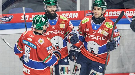 Liam Kirk (m.) und Frederik Tiffels (r.) zählten beim Heimsieg der Eisbären Berlin gegen die Nürnberg Ice Tigers zu den Torschützen. / Foto: Andreas Gora/dpa