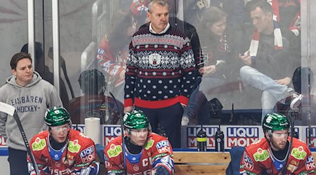 Eisbären-Coach Serge Aubin verfolgt die Heimniederlage seines Teams gegen Wolfsburg. / Foto: Andreas Gora/dpa