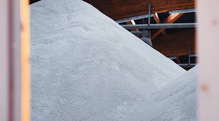 In einer Salzlagerhalle türmt sich das Streumittel für den Winterdienst. (Archivbild)  / Foto: Soeren Stache/dpa