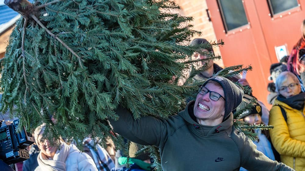 Die Weihnachtsbäume werden in Cottbus möglichst weit geworfen. / Foto: Frank Hammerschmidt/dpa