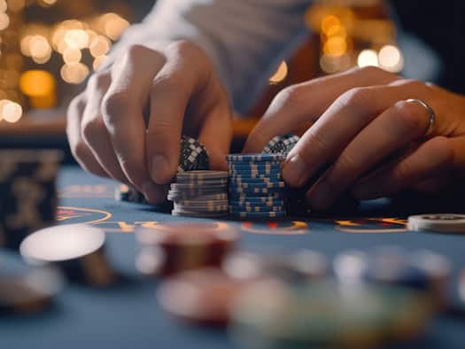 Hände eines Spielers stapeln Jetons auf einem Casinotisch bei einem Tischspiel