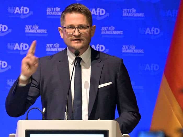 Brandenburgs AfD-Landesvorsitzender René Springer tritt wieder für den Landesvorsitz an. (Archivbild) / Foto: Michael Bahlo/dpa