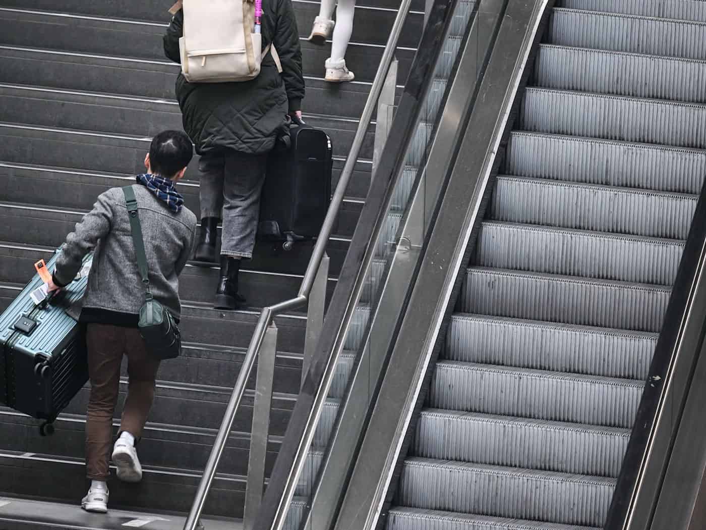 Fahrgäste tragen ihre Koffer am Berliner Hauptbahnhof über die Treppe. (Archivbild) / Foto: Britta Pedersen/dpa