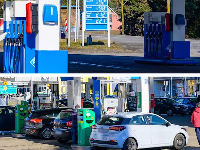 An der Tankstelle in Frankfurt (Oder) ist am Freitagvormittag nichts los - dagegen ist im benachbarten Slubice in Polen jede Zapfsäule besetzt.  / Foto: Patrick Pleul/dpa
