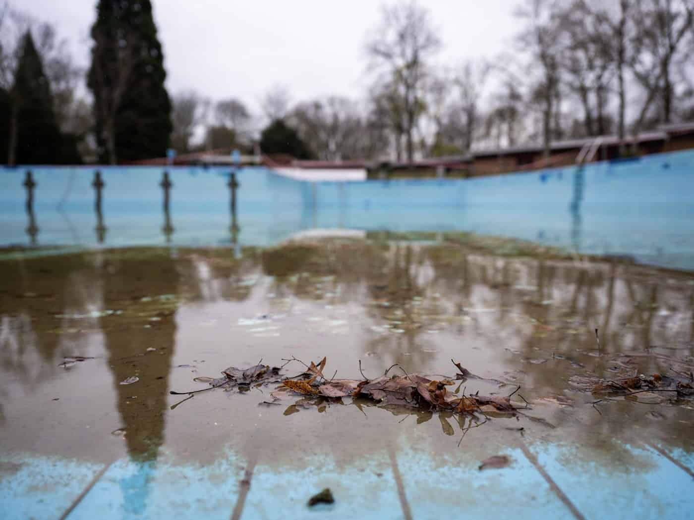 Im Sommerbad Humboldthain liegt Laub im Schwimmbecken. (Archivbild) / Foto: Christophe Gateau/dpa