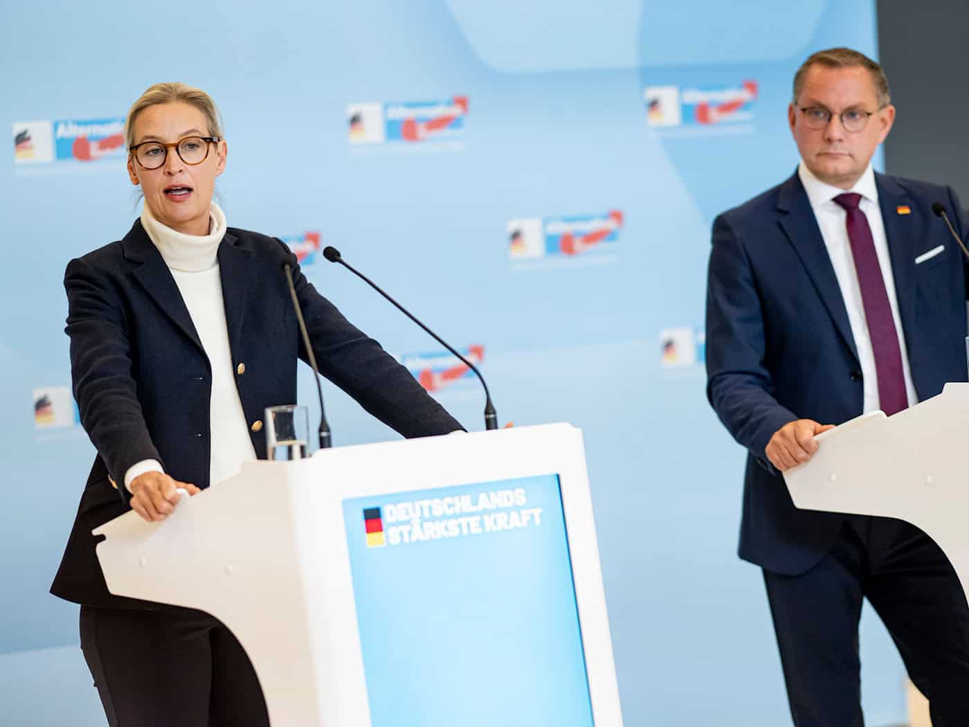 Versammeln die Bundestagsfraktion zur Klausur in Cottbus: Die AfD-Partei- und Fraktionschefs Alice Weidel und Tino Chrupalla. (Archivbild) / Foto: Fabian Sommer/dpa