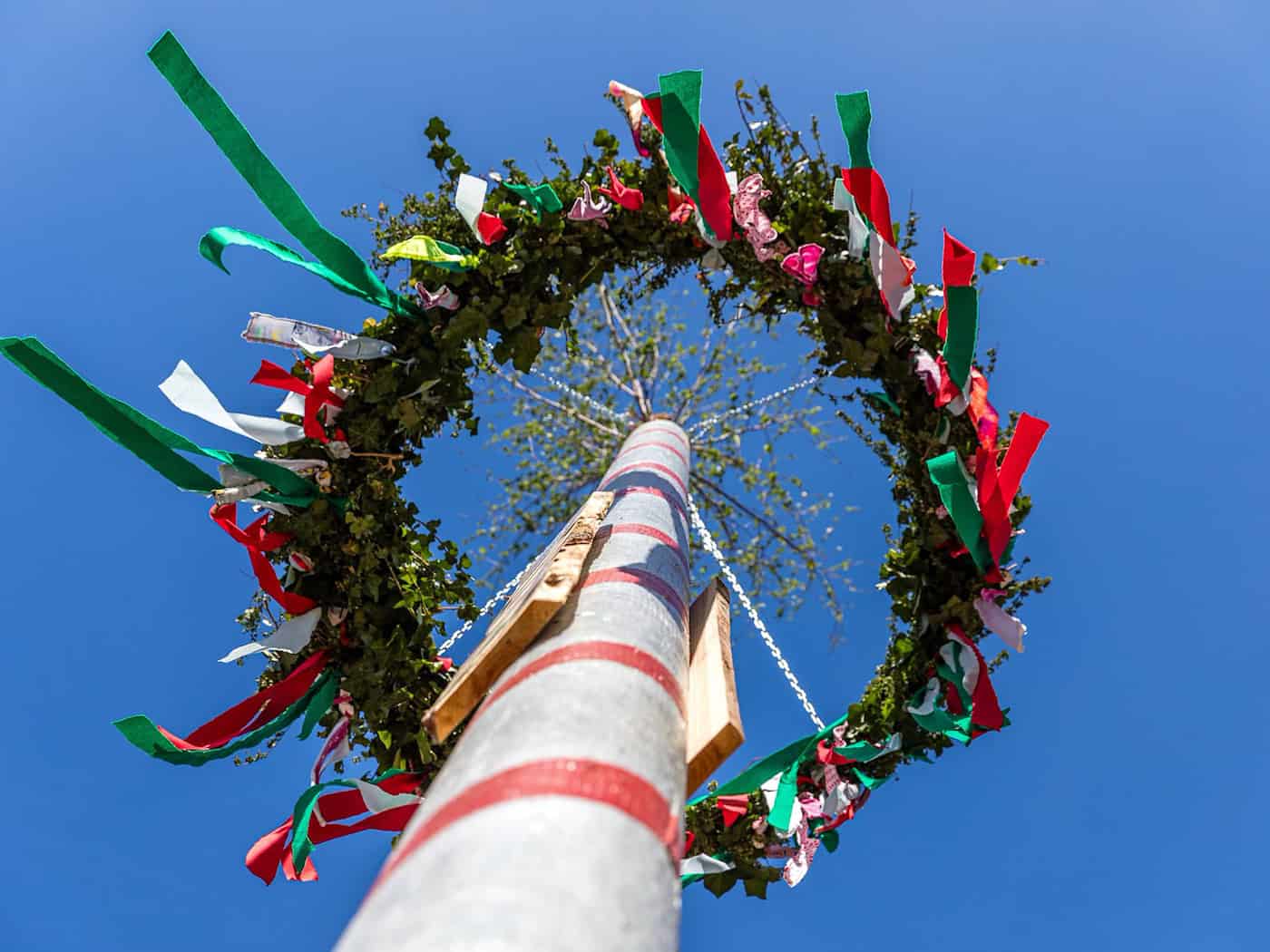 Mit bunten Bändern werden Maibäume als Frühlings-Symbol geschmückt. (Archivbild)  / Foto: Frank Hammerschmidt/dpa