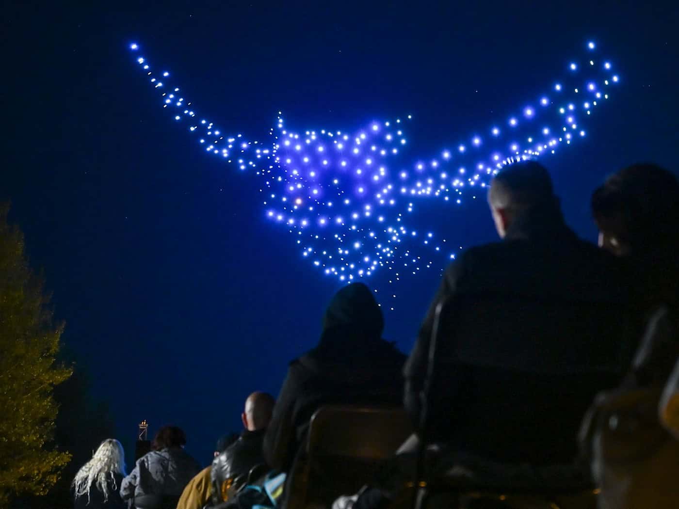 Synchronisierte Drohnen zauberten verschiedene Lichtbilder an den Himmel. / Foto: Jens Kalaene/dpa