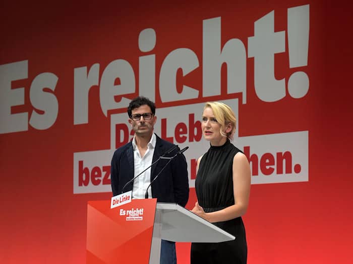 Luigi Pantisano und Ines Schwerdtner sind das neue Führungsduo der Linken.  / Foto: Michael Bahlo/dpa