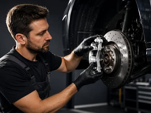 Mechaniker in schwarzer Arbeitskleidung und Handschuhen montiert eine Bremsscheibe an einem Auto in einer Werkstatt.