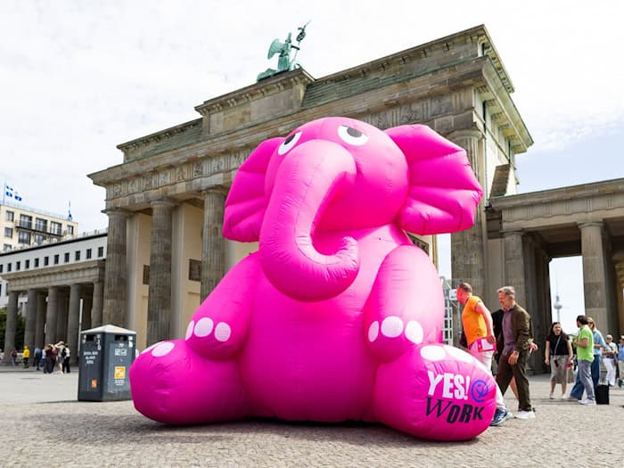 Vor dem Brandenburger Tor macht ein Verein auf die Tabuisierung von Krebs in der Gesellschaft aufmerksam – mit einem rosafarbenen Elefanten. / Foto: Carsten Koall/dpa