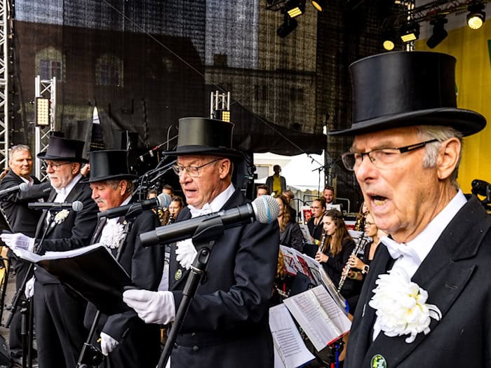 Ganz klassisch mit Zylinder treten Finsterwalder Sänger als Quartett auf. (Archivbild) / Foto: Frank Hammerschmidt/dpa/ZB