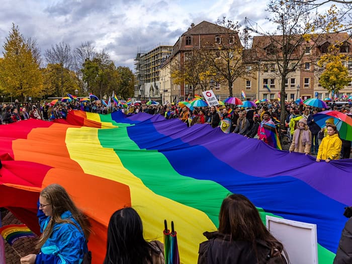 So sah es im vergangenen Herbst bei der Demonstration zum 17. Christopher Street Day in Cottbus aus. (Archivbild) / Foto: Frank Hammerschmidt/dpa