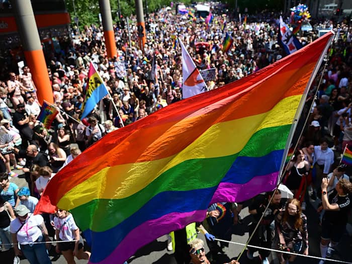 Beim CSD sind Regenbogenflagggen zu sehen. / Foto: Fabian Sommer/dpa
