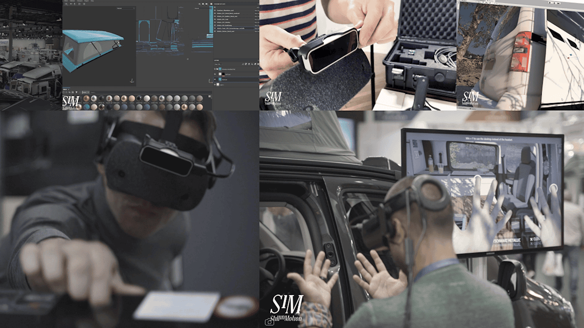 Collage aus Bildern - VR-Brille auf Messe. Nutzer können in einen Van steigen und sehen in der VR-Anwendung verschiedene Ausstattungen des Wageninneren.