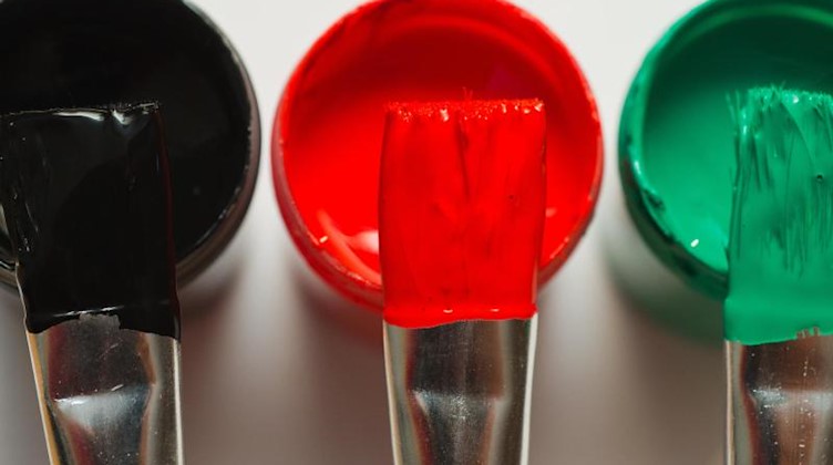 Farbtöpfe und Pinsel in den Farben Schwarz, Rot und Grün. Foto: Patrick Pleul/dpa-Zentralbild/dpa/Symbolbild