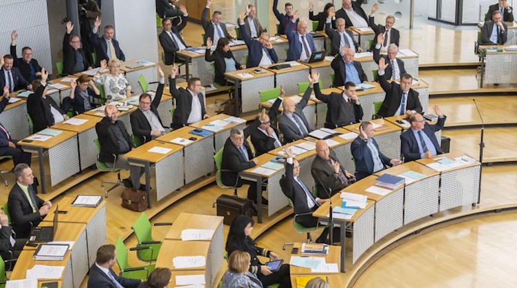 Abgeordnete der AfD-Fraktion im Landtag heben während einer Abstimmung die Hand. Foto: Matthias Rietschel/zb/dpa