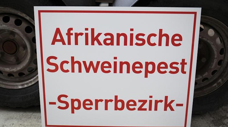 Ein Schild mit der Aufschrift «Afrikanische Schweinepest - Sperrbezirk-». Foto: Frank Rumpenhorst/dpa/Archivbild