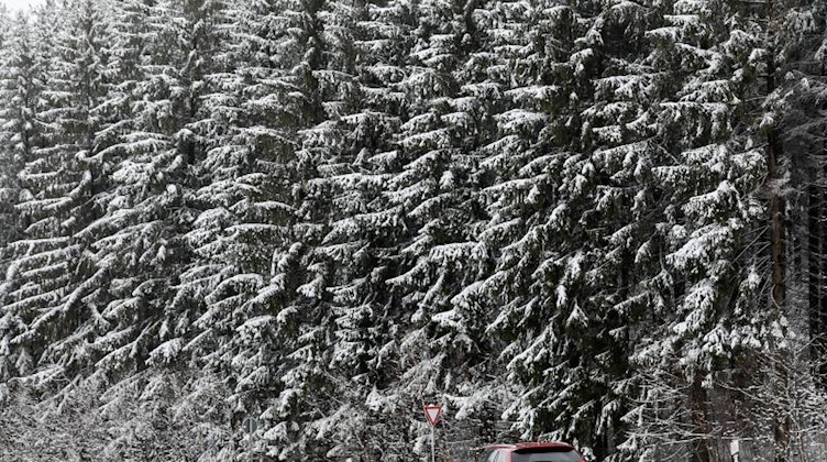 Ein Auto fährt auf einer Landstraße durch den verschneiten Wald bei Einsiedel. Foto: Jan Woitas/dpa-Zentralbild/dpa