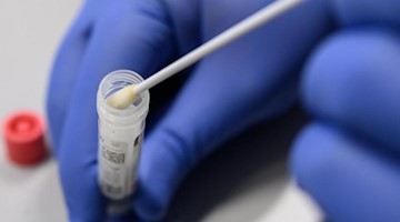 Ein Mann zeigt einen Abstrich für das Testverfahren auf das Virus SARS-CoV-2. Foto: Sebastian Gollnow/dpa/Symbolbild