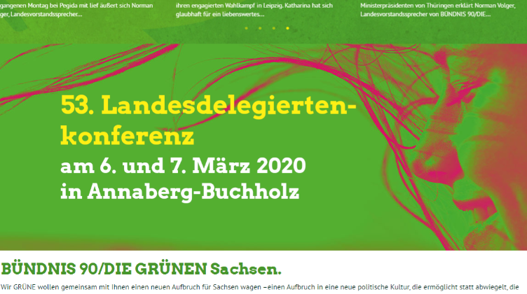 Screenshot Homepage gruene-sachsen.de vom 06.03.2020 zum Landesparteitag
