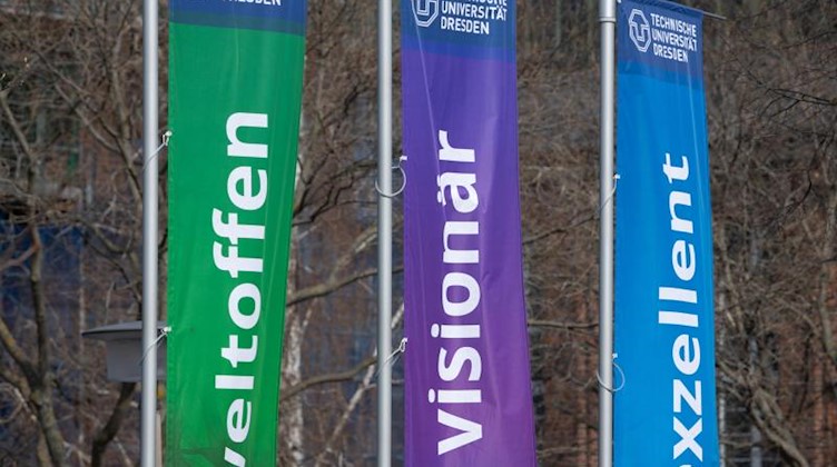 Drei Flaggen der Technischen Universität Dresden wehen auf dem Campus im Wind. Foto: Sebastian Kahnert/dpa-Zentralbild/dpa
