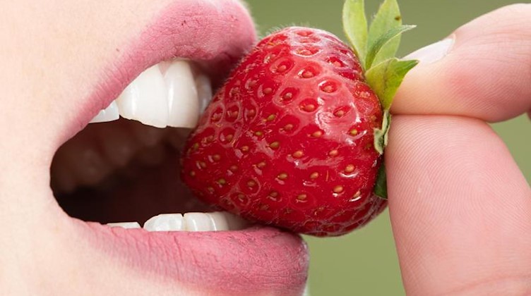 Eine Frau hält sich eine Erdbeere an ihren Mund. Foto: Sebastian Kahnert/dpa-Zentralbild/dpa/Symbolbild