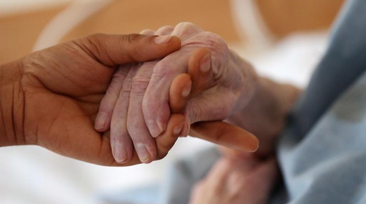 Eine Pflegerin hält im Altenheim die Hand einer Bewohnerin. Foto: Oliver Berg/dpa/Symbolbild