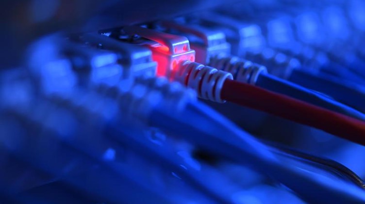Ein Netzwerkkabelstecker leuchtet in einer Netzwerkzentrale rot. Foto: Felix Kästle/dpa/Symbolbild