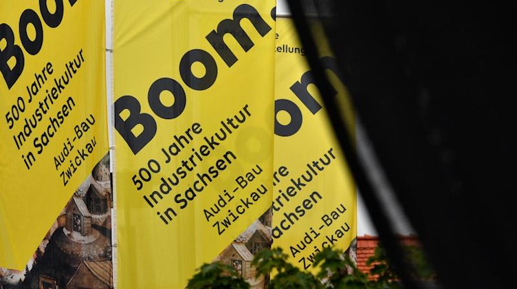 Fahnen mit dem Logo der Landesausstellung wehen im Wind. Foto: Hendrik Schmidt/dpa-Zentralbild/ZB/Archivbild