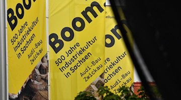Fahnen mit dem Logo der Landesausstellung wehen im Wind. Foto: Hendrik Schmidt/dpa-Zentralbild/ZB/Symbolbild