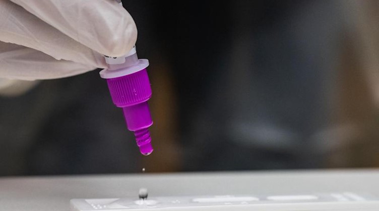 Eine Mitarbeiterin in einem Testzentrum träufelt eine Lösung auf eine Testkassette. Foto: Christophe Gateau/dpa